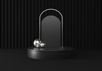 Black podium, pedestal or platform with silver elements. Advertising place scene.  3d Rendering