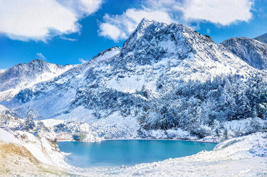Paysage de montagne recouvert de neige dans le massif du parc du Mercantour dans les Alpes du Sud avec un lac d'altitude