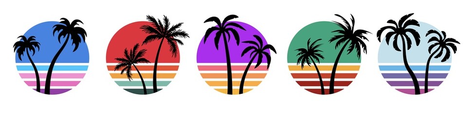 Vector retro sunset and palm silhouettes. Vintage elements for logo, party poster, t-shirt. - obrazy, fototapety, plakaty