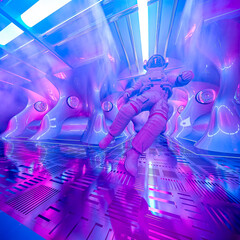 astronaut is floating back on cyberpunk space ship - obrazy, fototapety, plakaty