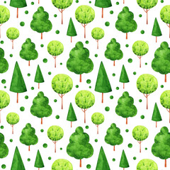 Trees, forest, park seamless pattern. Woodland watercolor repeat print. Cartoon trees background for kids, wallpaper, textile, wrapping paper, decoration.