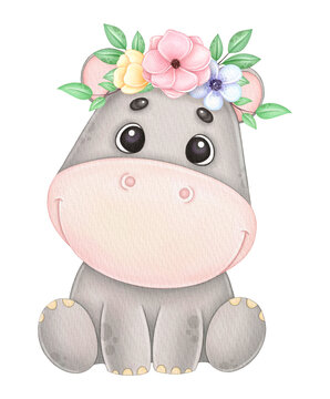 cute watercolor hippo with a floral wreath isolated a white background