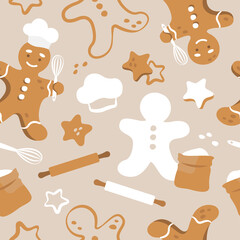 Cute gingerbread vector seamless pattern. Baking elements: flour, rolling pin, whisk, biscuits.