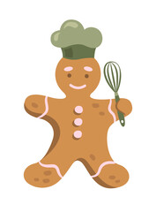 Cute gingerbread man vector illustration. Gingerbread man in chef's hat with a whisk.