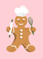 Cute gingerbread man vector illustration. Gingerbread man in chef's hat with a whisk.