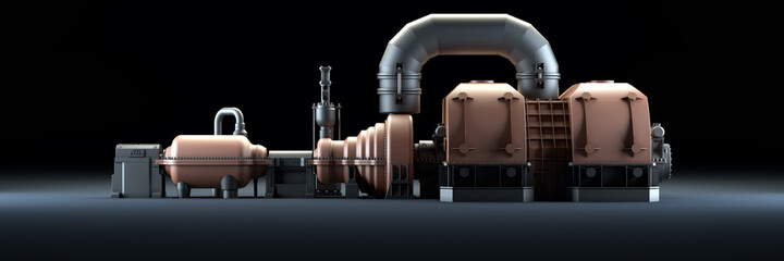 Steam turbine on a dark background. Generator silhouette. Power plant industrial machine. 3d illustration © Filipp