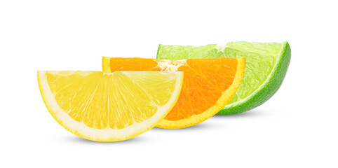 Citrus fruit slices isolated on white background. lemon, orange, lime.