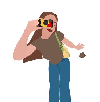 Digital illustration teenage girl as disposable camera in hand, taking a photo.