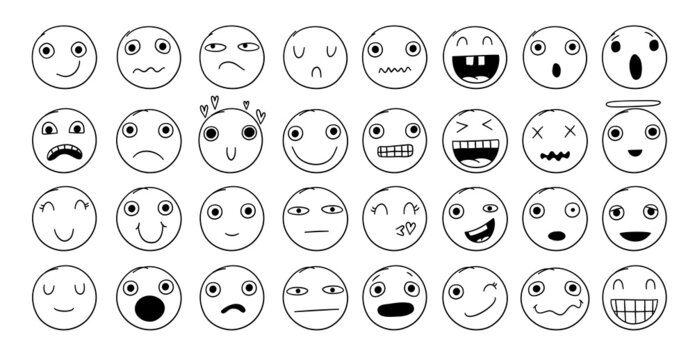Doodle emoji set. Doodles image pictograms, Smile emotion funny faces, happy fun emoticon line icons, sad hand drawn, neat outline isolated vector illustration. Illustration of emotion face expression