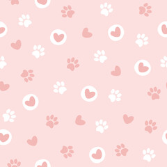 Pet paw seamless pattern. Vector illustration with paw and hearts on pink background. It can be used for wallpapers, wrapping, cards, patterns for clothes and other. - obrazy, fototapety, plakaty