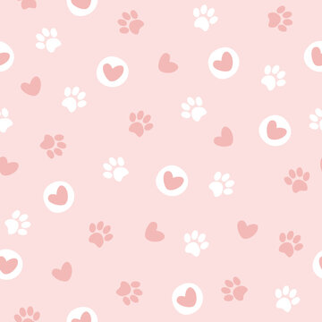 Pet paw seamless pattern. Vector illustration with paw and hearts on pink background. It can be used for wallpapers, wrapping, cards, patterns for clothes and other.