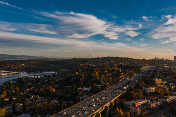 Aerial view of the cityscape of Seattle during sunset, South Lake Union