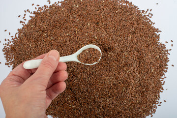Hand holding spoon with brown flax seeds.