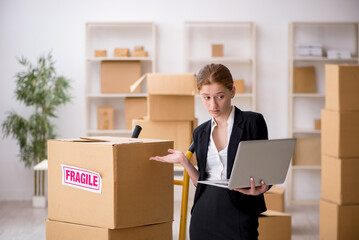 Young female professional mover doing home relocation