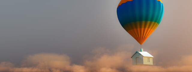 Obraz premium GLOBO AEROESTATICO CON CASA FLOTANDO RENDER ILUSTRACION