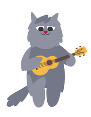 Cat plays ukulele. Cute character in doodle flat style