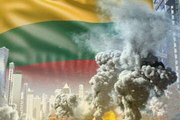 large smoke column with fire in abstract city - concept of industrial disaster or terroristic act on Lithuania flag background, industrial 3D illustration