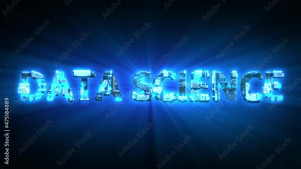Poster data science shining blue digital cyber text, isolated - loop video