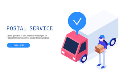 Obraz premium Postwoman stands with a box near the delivery van. Isometric vector web banner.