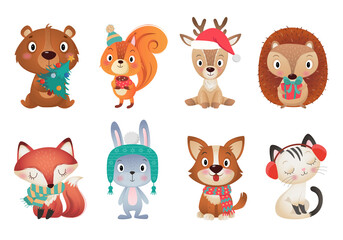 Colorful set of different Cristmas and Happy new year cute amimals with Christmas tree on white Background