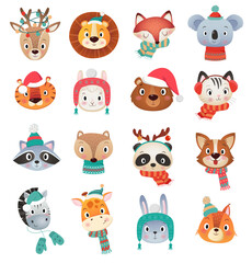 Colorful set of different Cristmas and Happy new year cute amimals head on white Background