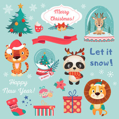 Fototapeta premium Colorful set of different Cristmas and Happy new year decoration, cute amimals on blue Background
