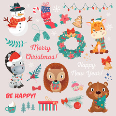 Colorful set of different Cristmas and Happy new year decoration, cute amimals on pink Background