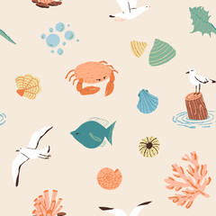 Nautical, sea, ocean seamless pattern for textile, fabric. Gull birds, crab, sea or ocean fish, various shells and coral