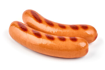 Fried frankfurter sausage, isolated on white background.
