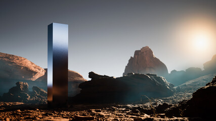 Surreal mountains landscape of Mars with perfect silver cube. Minimal abstract background with fog. 3d rendering