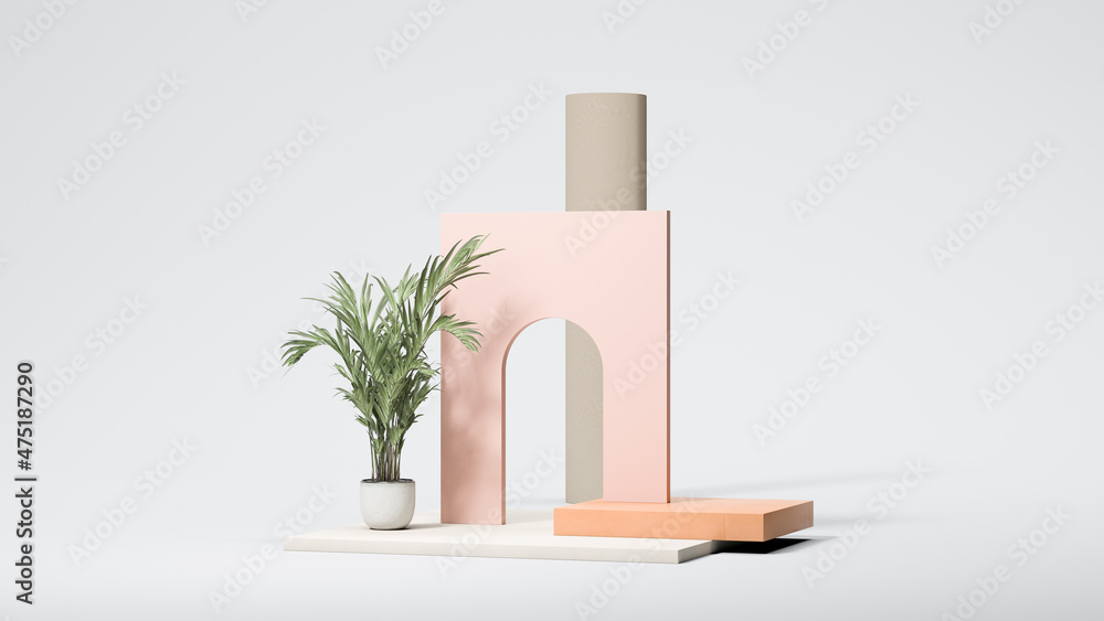 Poster square arc on the bright blue background with small palm tree. natural showcase. minimal design. 3d 