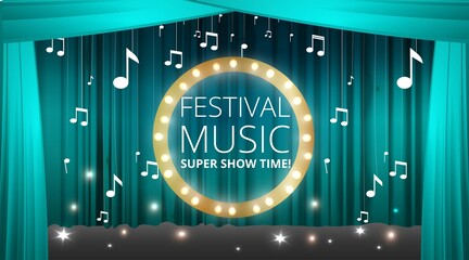 Music Festival night show poster, Cinema and Theatre hall with seats velvet curtains. Shining light bulbs vintage and luxury flyer, glowing spotlights vintage