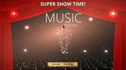 Obraz premium Music Festival night show poster, Cinema and Theatre hall with seats velvet curtains. Shining light bulbs vintage and luxury flyer, glowing spotlights vintage