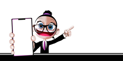 Young smiling girl dressed in suit with tie while showing the screen of a smartphone or mobile, with white background for texts and logos