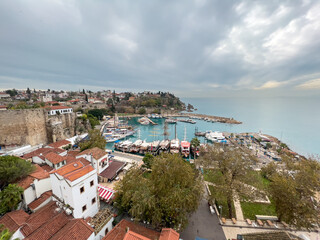 Antalya Turkey marina and old city  kaleici view on cloudy day