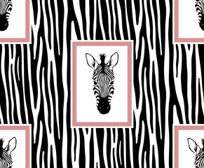 Zebra stripes seamless pattern. Zebra head, Animal face isolated in frame. Wild animal hide artwork background. Black and white vector illustration