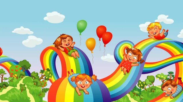 Children slide down on a rainbow. Roller coaster ride (seamless loop, HD, high definition 1080p)