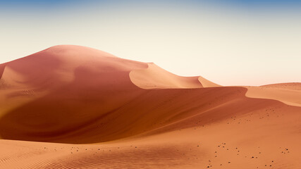 Fototapeta na wymiar Dark orange dunes and teal sky. Desert dunes landscape with contrast skies. Minimal abstract background. 3d rendering
