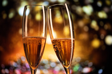 two champagne glasses and festive light happy New Year