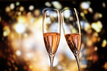 two champagne glasses and festive light happy New Year