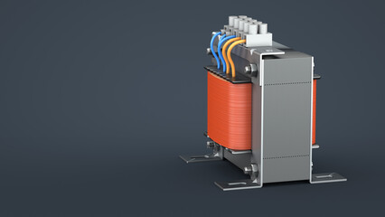 Small three-phase transformer on a dark background. Part of electrical equipment. Radio components. 3d render