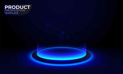 Abstract hi-tech background for display product with neon glowing ring on floor. Round pedestal podium on black background. Futuristic product stand template. Circle teleport podium. Vector template.