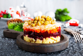 Salad of beets, carrots, potatoes, onions and green peas. Traditional Russian beetroot salad. Vegetarian vegetable salad.