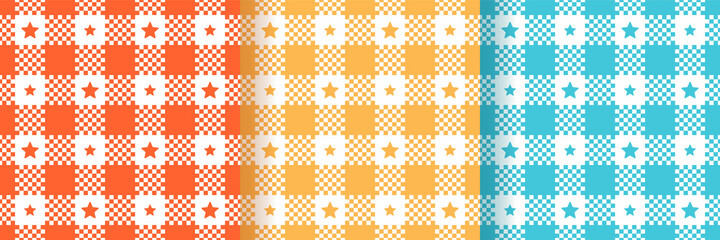 Check seamless patterns. Tablecloth vichy prints with stars. Set of gingham backgrounds. Plaid backdrops. Flannel textures. Retro wallpapers. Tartan textile grid. Vector illustration.