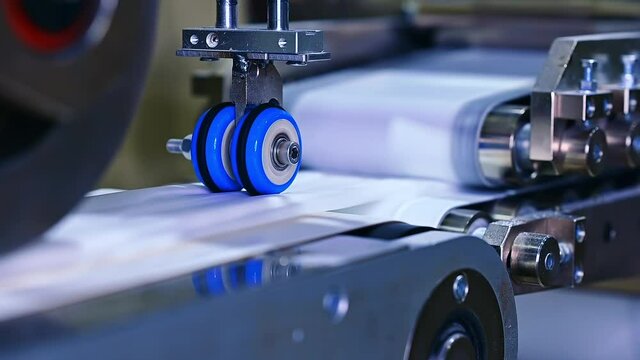 Process of making recesses on the inner surface of a diaper. Little blue roller spinning on a conveyor line. Close up.