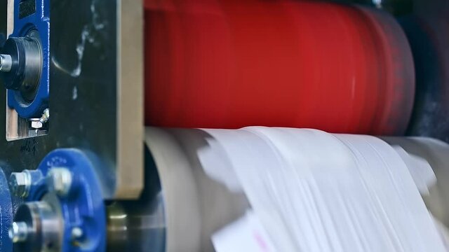 Quick movement of diaper cloth from the shafts. Conveyor line releasing the material at the diaper factory. Close up.