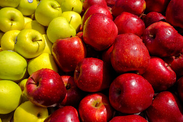 red and golden delicious in a market stall in the street