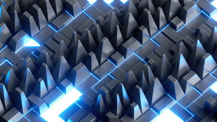 3d render, abstract futuristic background with geometric texture and glowing blue neon light, technological wallpaper