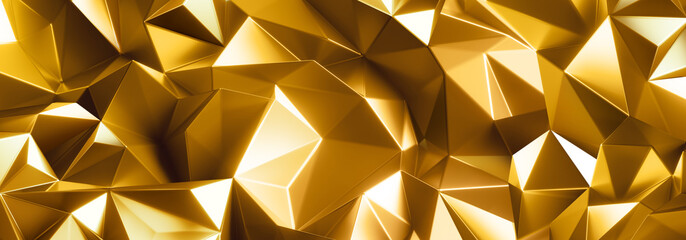 3d render, abstract golden panoramic background, crumpled gold foil, shiny metallic polygonal texture, faceted wallpaper