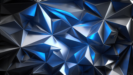 3d render, abstract geometric background illuminated with blue light, metallic polygonal texture, faceted wallpaper